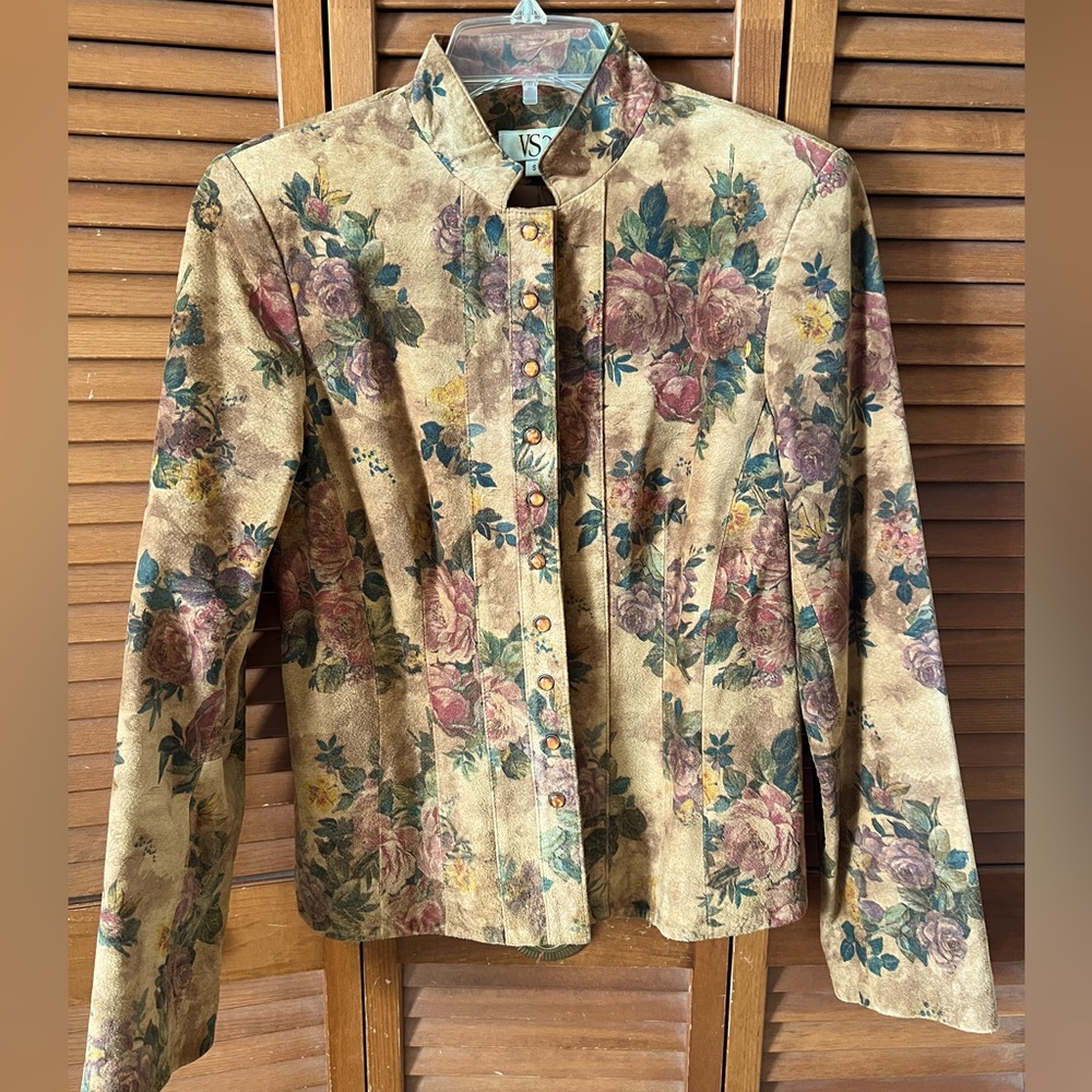 Super cute suede jacket; floral print; EUC
